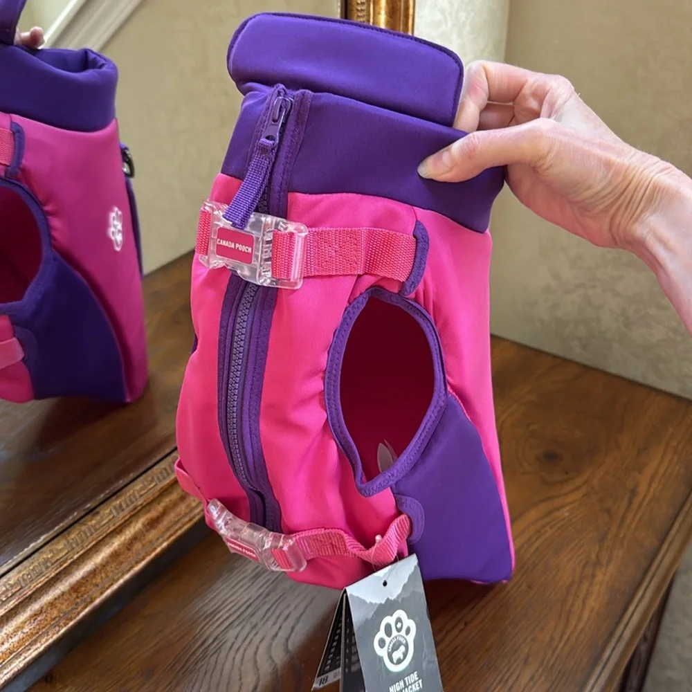 New High Tide life jacket by Canada Pooch for swimming. Pink and Purple. Size 18
